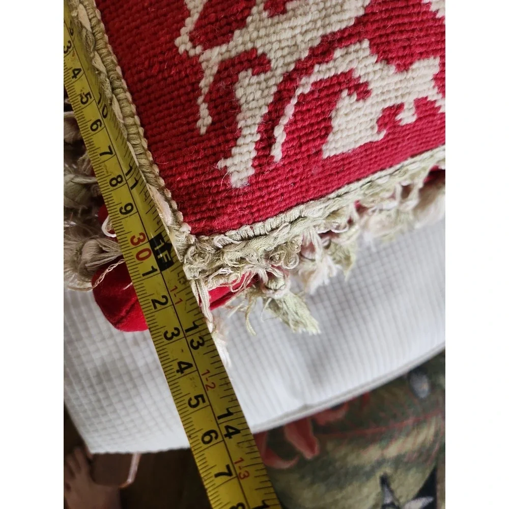 Beige Red Sage Green Tapestry Needlepoint Throw Pillow 12x12 Zipper Tassel Trim